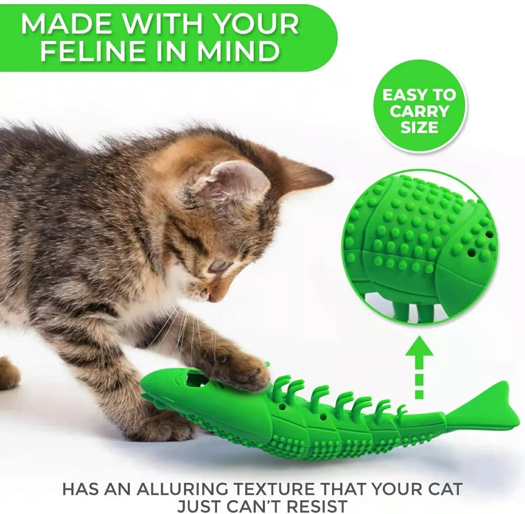 Blue hard rubber catnip toy with 360-degree toothbrush design for dental care and play.