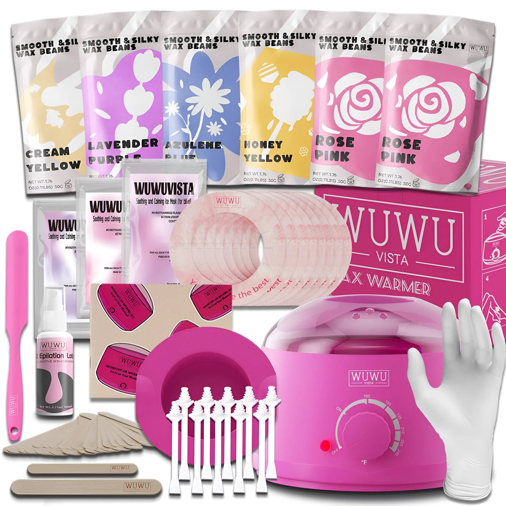 WUWUVISTA professional waxing kit with black smart wax warmer, coloured wax beads, applicators, and aftercare products.