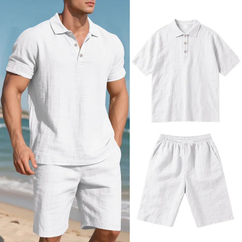 Men's linen blend shorts suit in apricot colour with short sleeves and casual fit