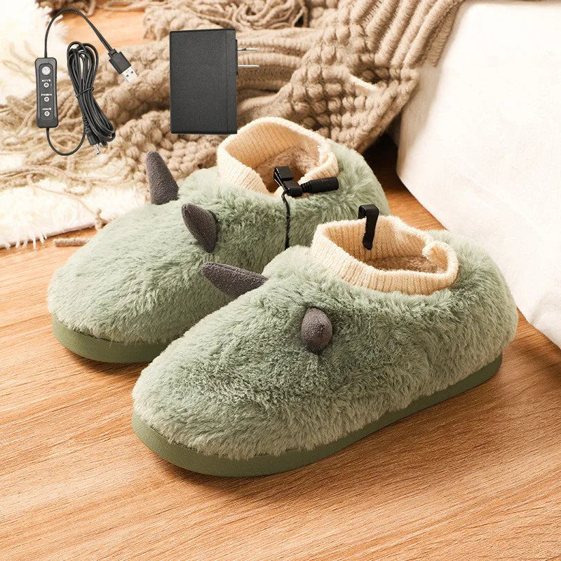 USB electric heating slippers in velvet, showing USB cable connection and available colour options.
