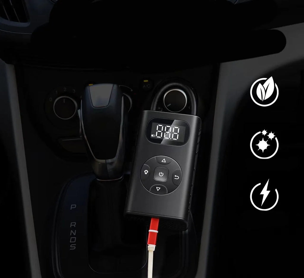 Black cuboid USB power bank tyre inflator with attached air tube for cars and motorcycles.