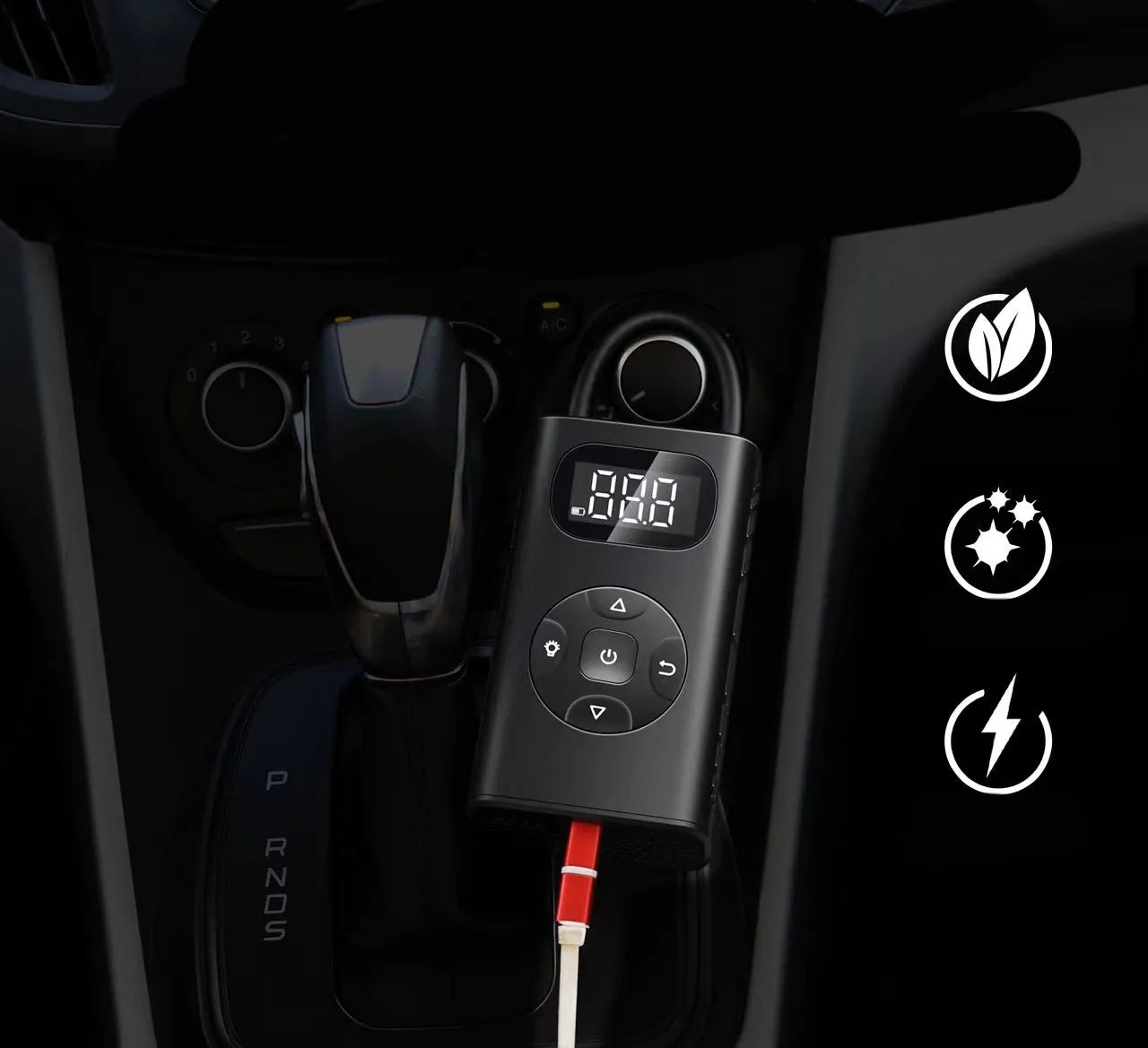 Black cuboid USB power bank tyre inflator with attached air tube for cars and motorcycles.