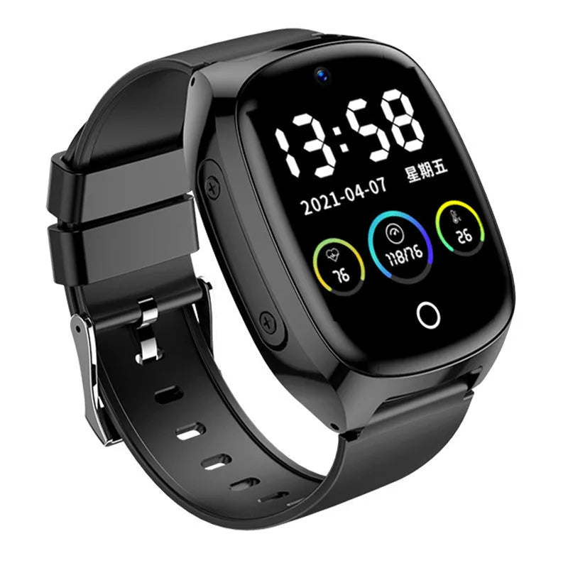 Black GPS smartwatch for kids with a 1.54-inch touchscreen on a wrist, showing SOS button.