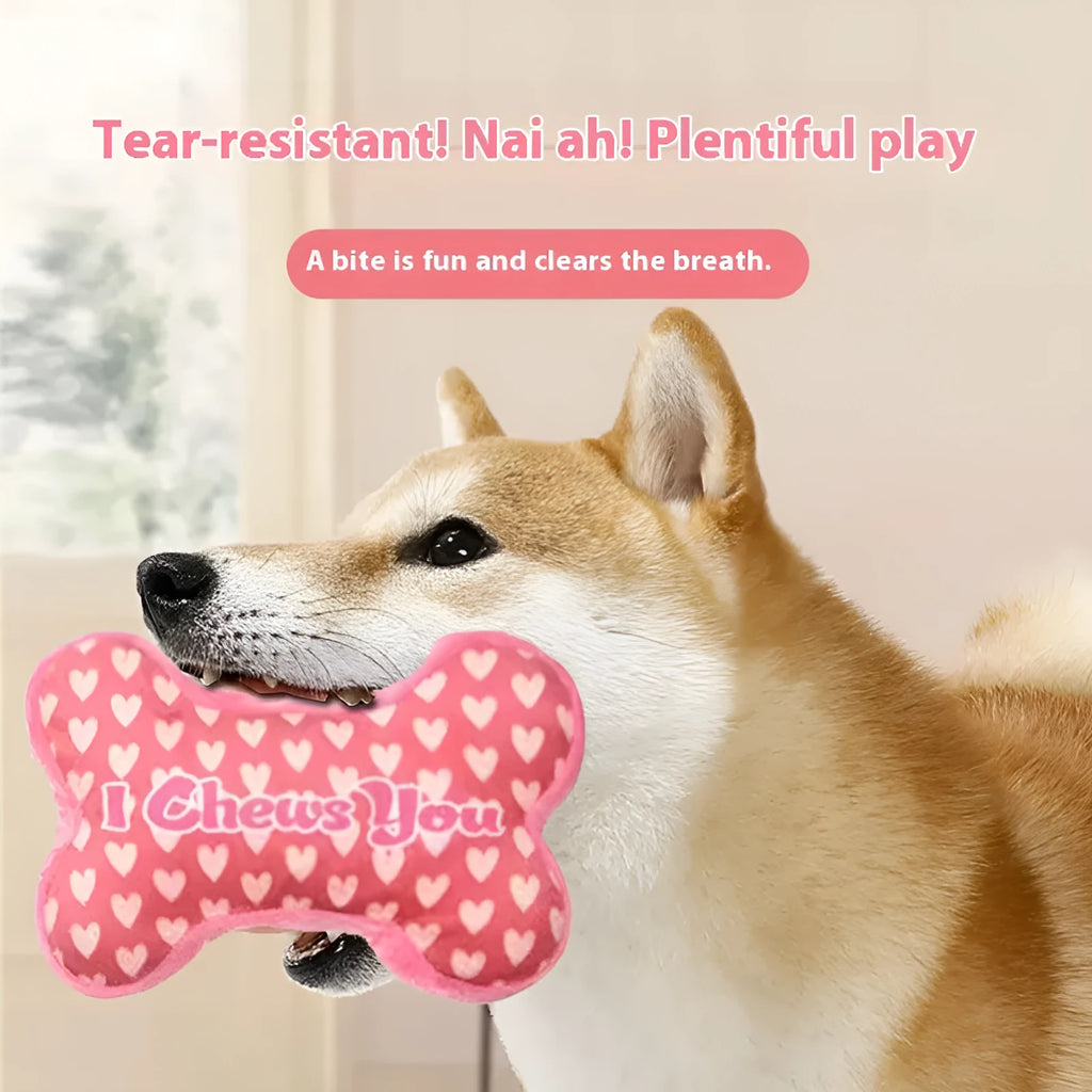Plush dental toy for dogs with bite-resistant construction and vocalisation sounds in four colour options