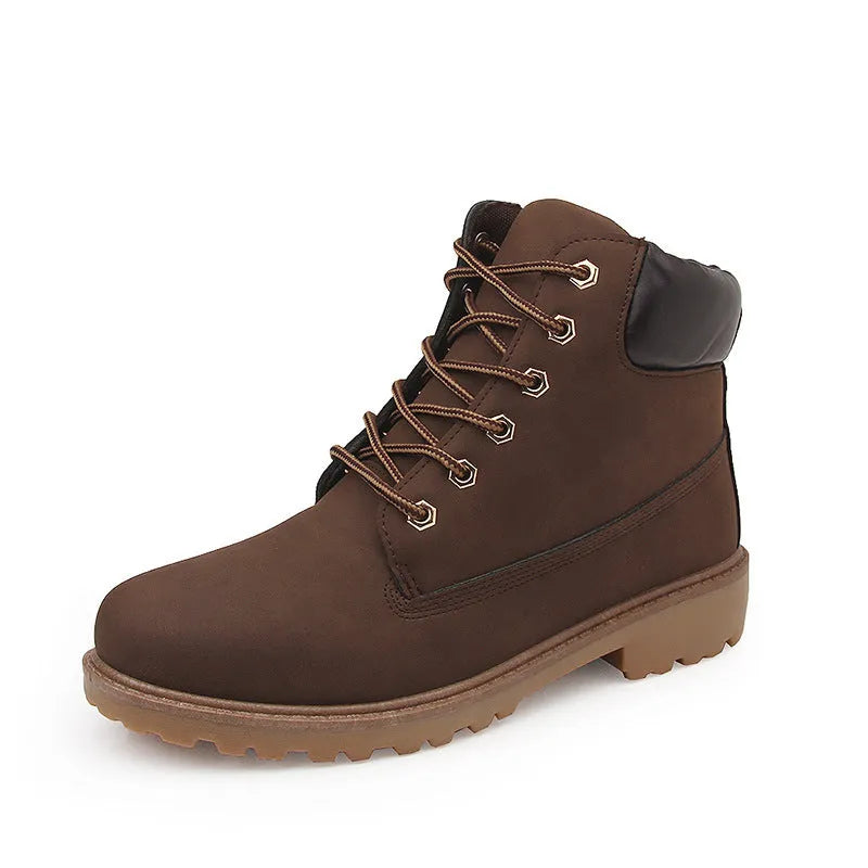 Men's pink Martin boots with velvet lining, round toe design and lace-up front closure