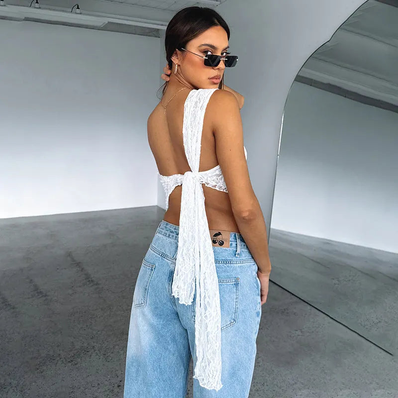 Women's lace backless vest top with asymmetrical neckline in solid colour options