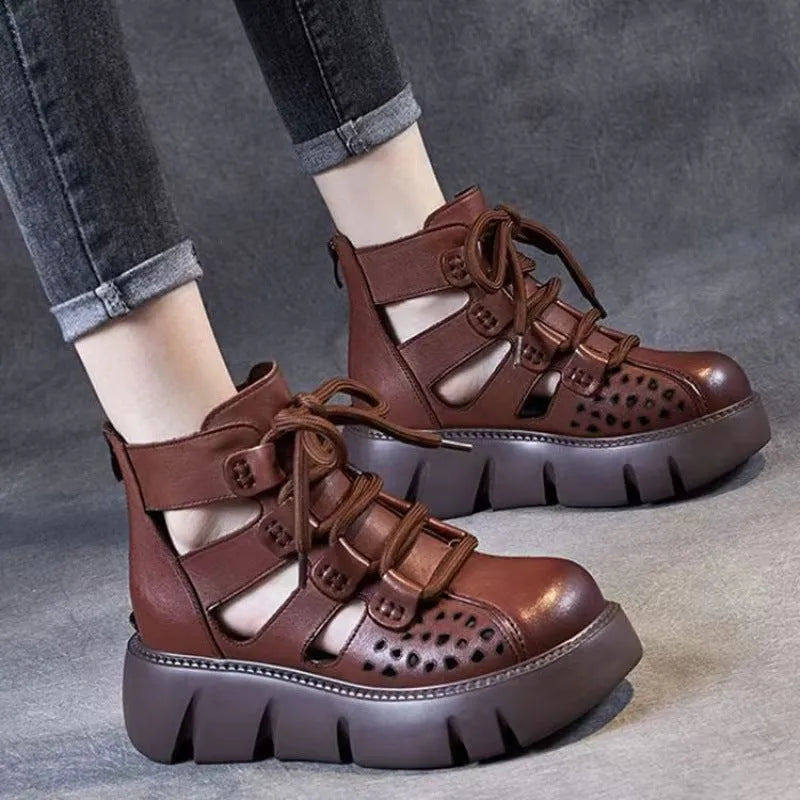 Women's platform sandals with hollow hole design in soft cowhide leather, fish mouth toe shape