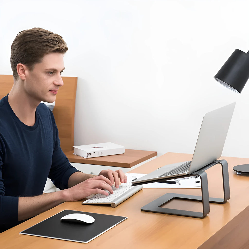 Aluminium alloy laptop desktop riser in black or silver colour with 18.5cm height