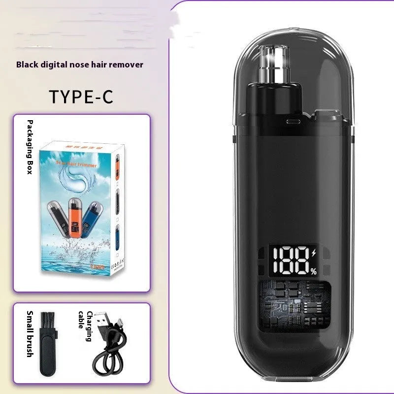 Rechargeable nose hair trimmer with removable stainless steel cutter head and digital display