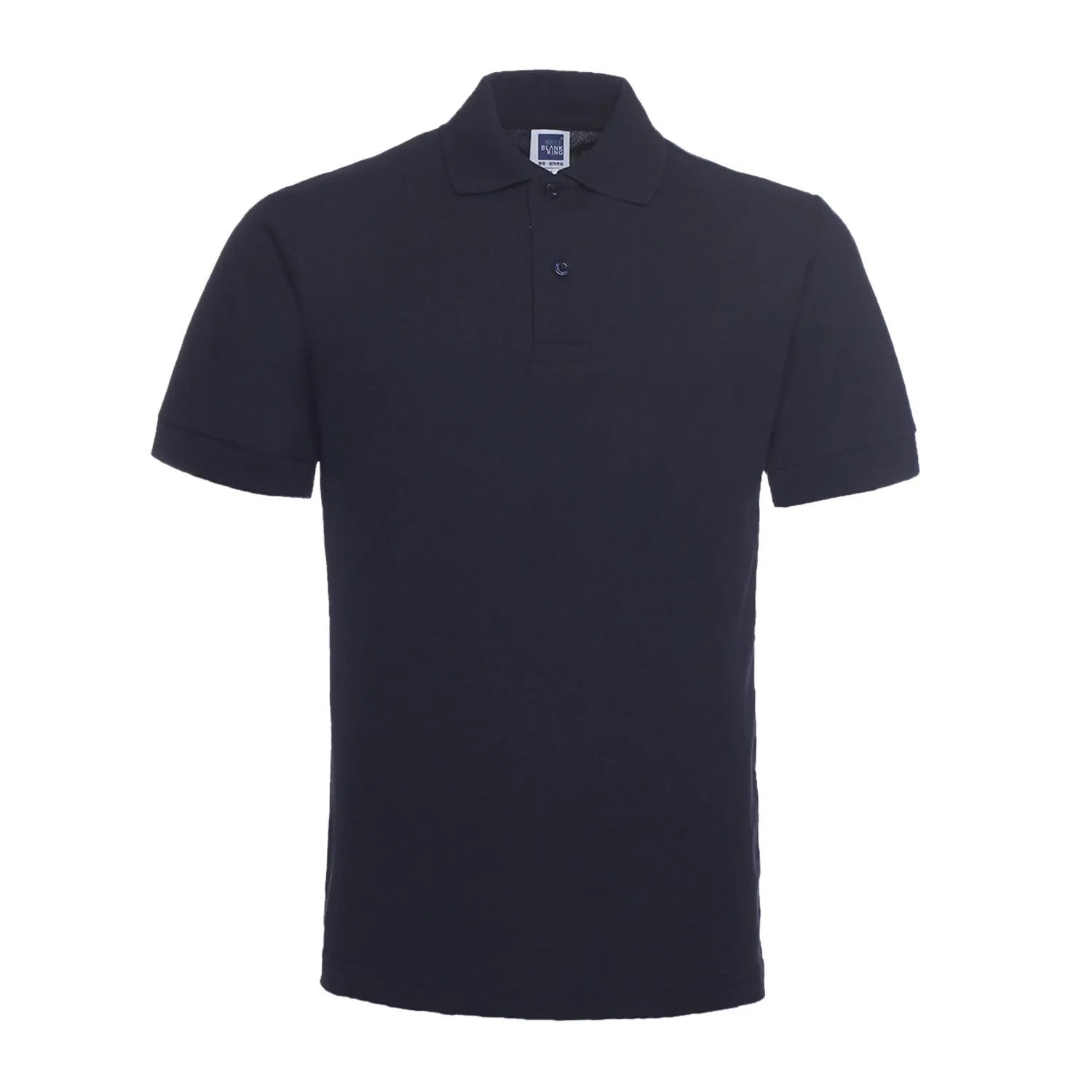 Plus size man wearing a solid black lapel polo shirt with short sleeves, loose fit.