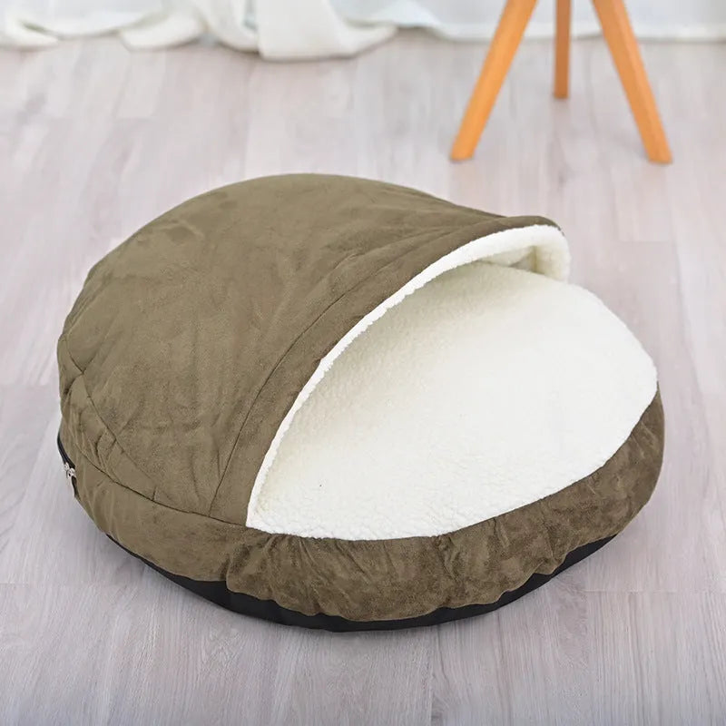 Brown cloth dog kennel showing removable washable construction for crate bedding