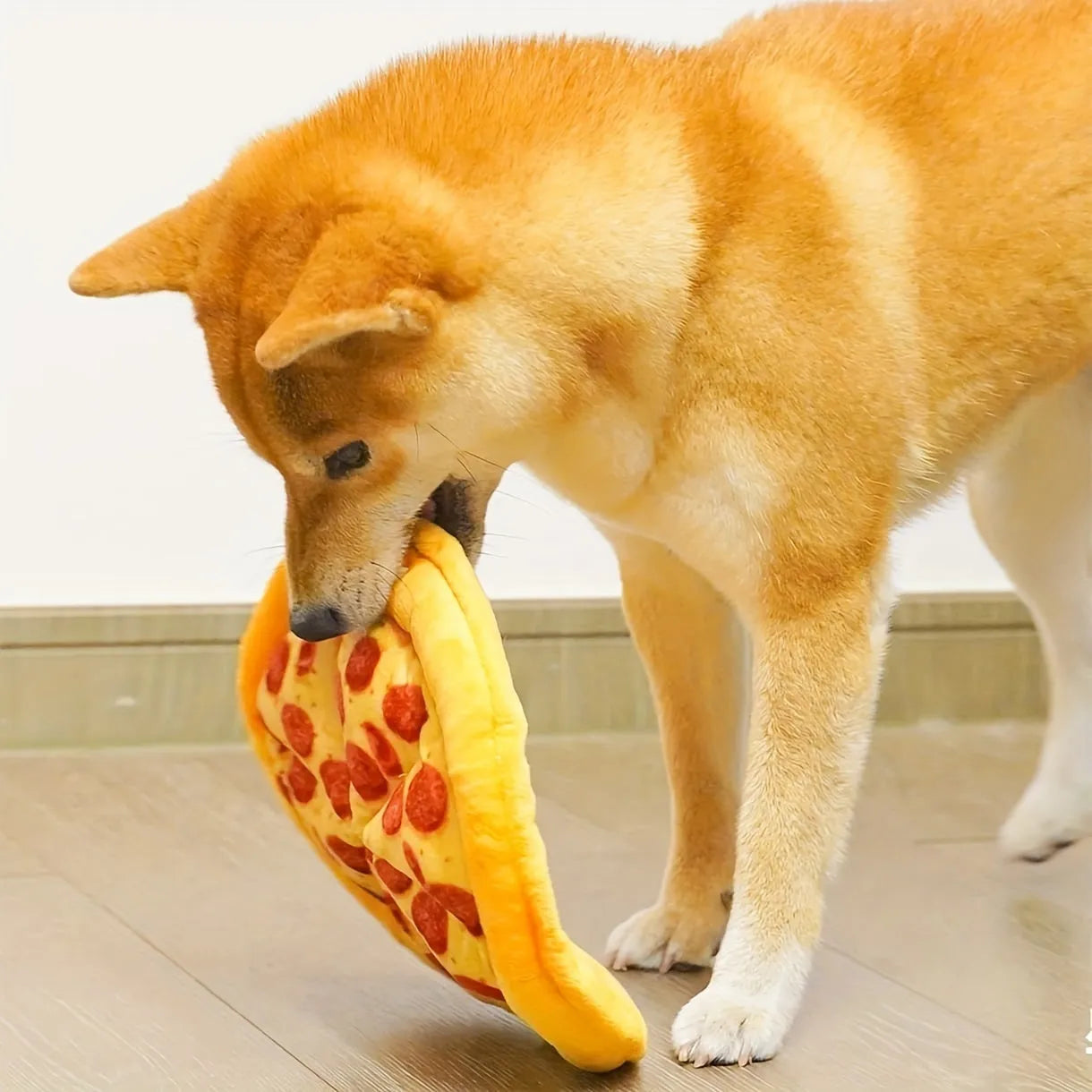 Yellow teddy pizza dog chewing toy with bone shape and squeaker