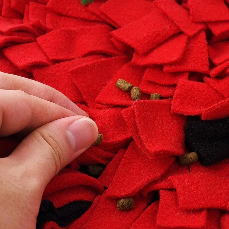 Red and green strawberry-shaped pet sniffing mat for dogs cats slow feeding forage activity