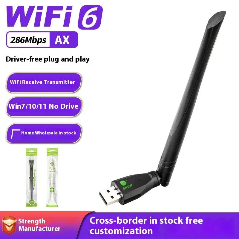 Black USB WiFi6 wireless network card with driver-free operation for Windows PC laptop connectivity