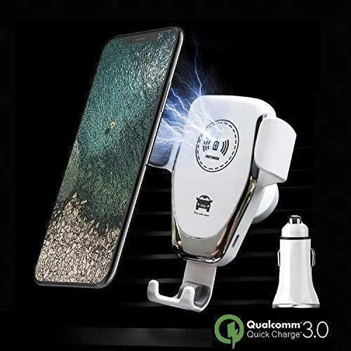Black car wireless charger mount holding iPhone with automatic clamping arms visible