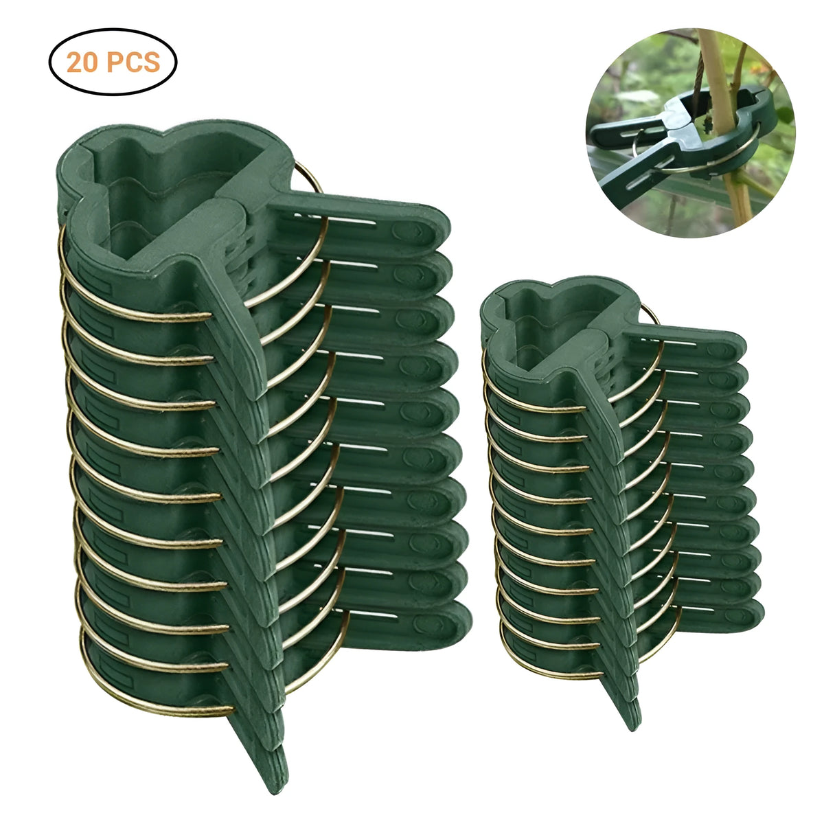 Green plastic and zinc plant fixing clips holding a tomato vine to a garden cane.