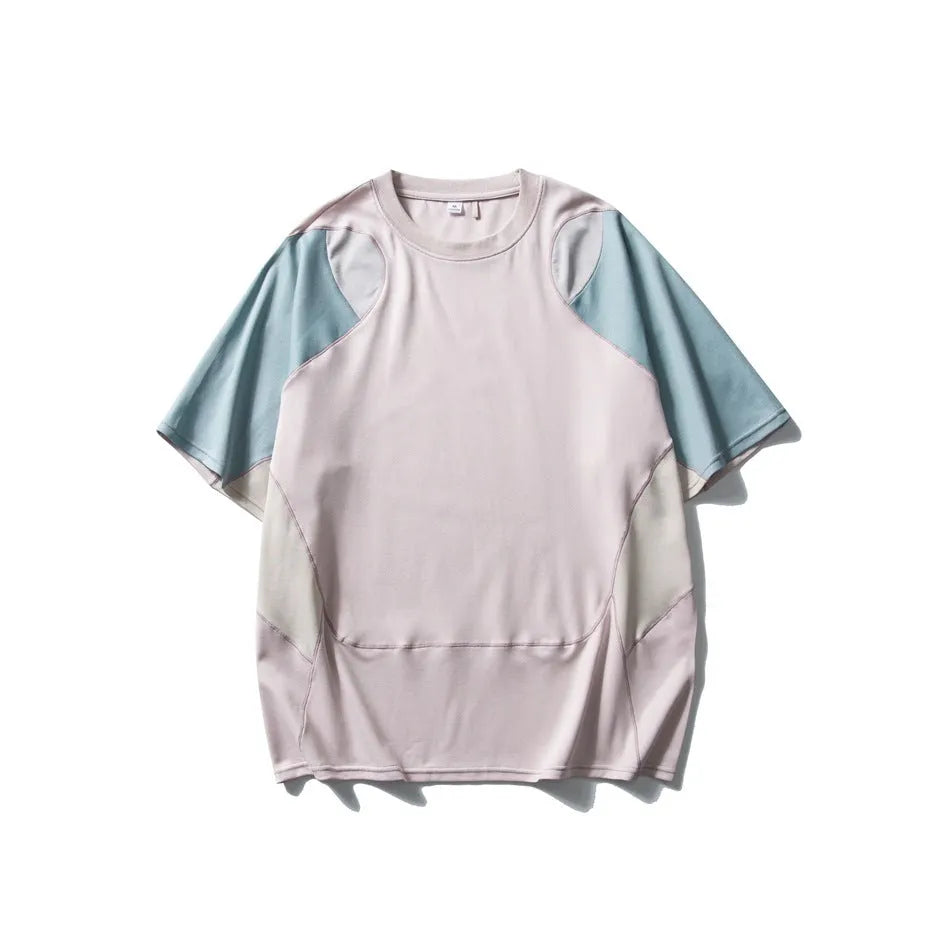 Men's loose blue sports t-shirt with patchwork contrast colour detail and raglan sleeves