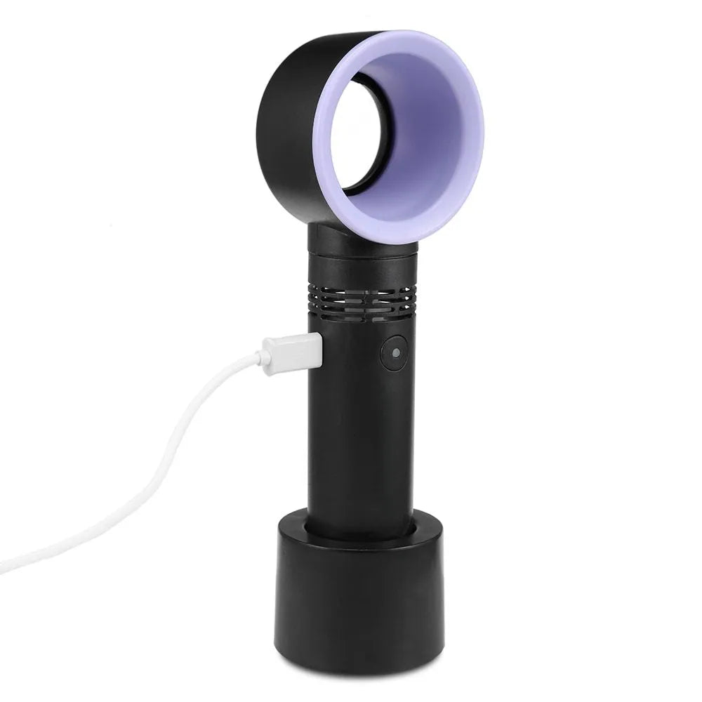 Compact portable bladeless fan in chosen colour on its base, with USB cable for charging.