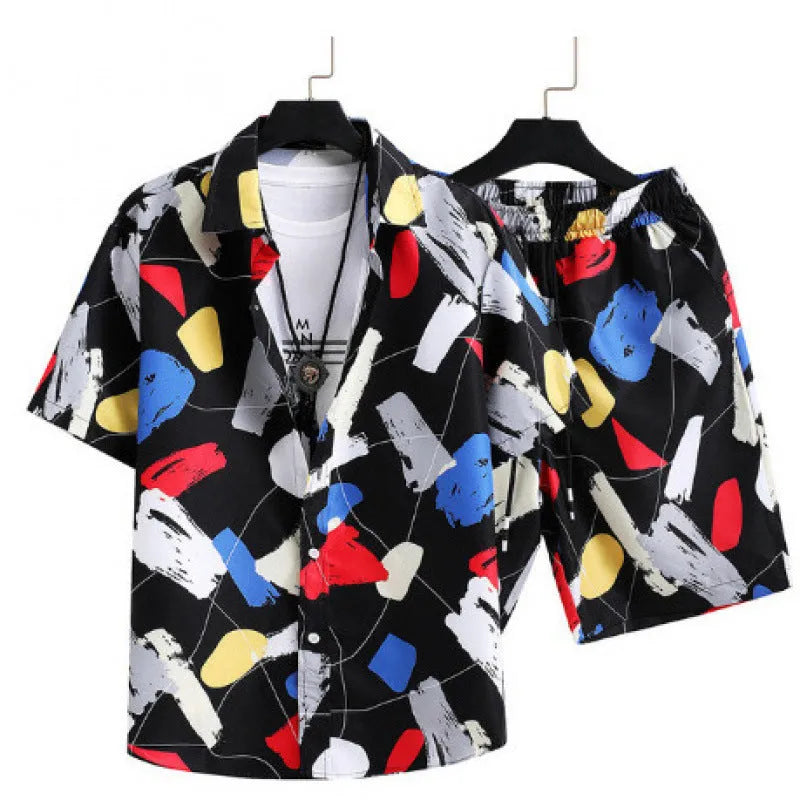 Men's digital print casual suit with cardigan and shorts in four-sided elastic polyester fabric