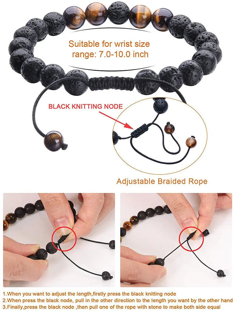 Matte black tiger eye agate couple bracelets with geometric bead modelling