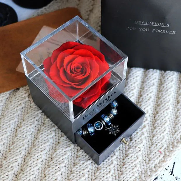 Preserved eternal rose and carnation gift box in glass display case for jewellery storage