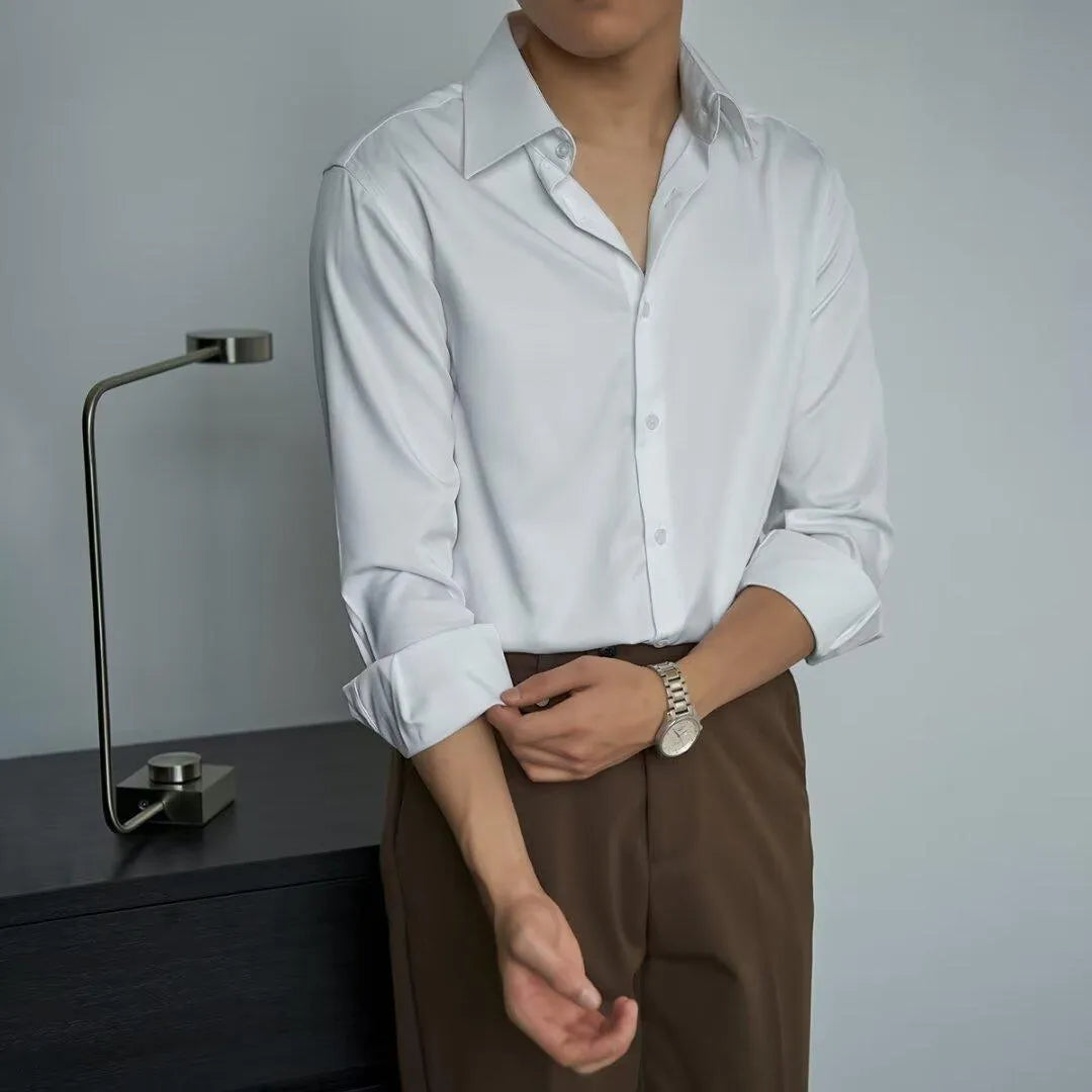 Men's black loose cardigan shirt with long sleeves in Korean slim fit style