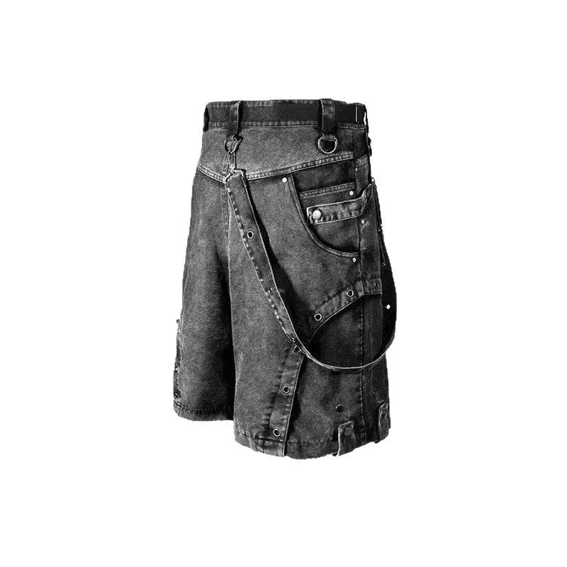 Retro high street loose fit denim shorts in washed picture colour with high waist design