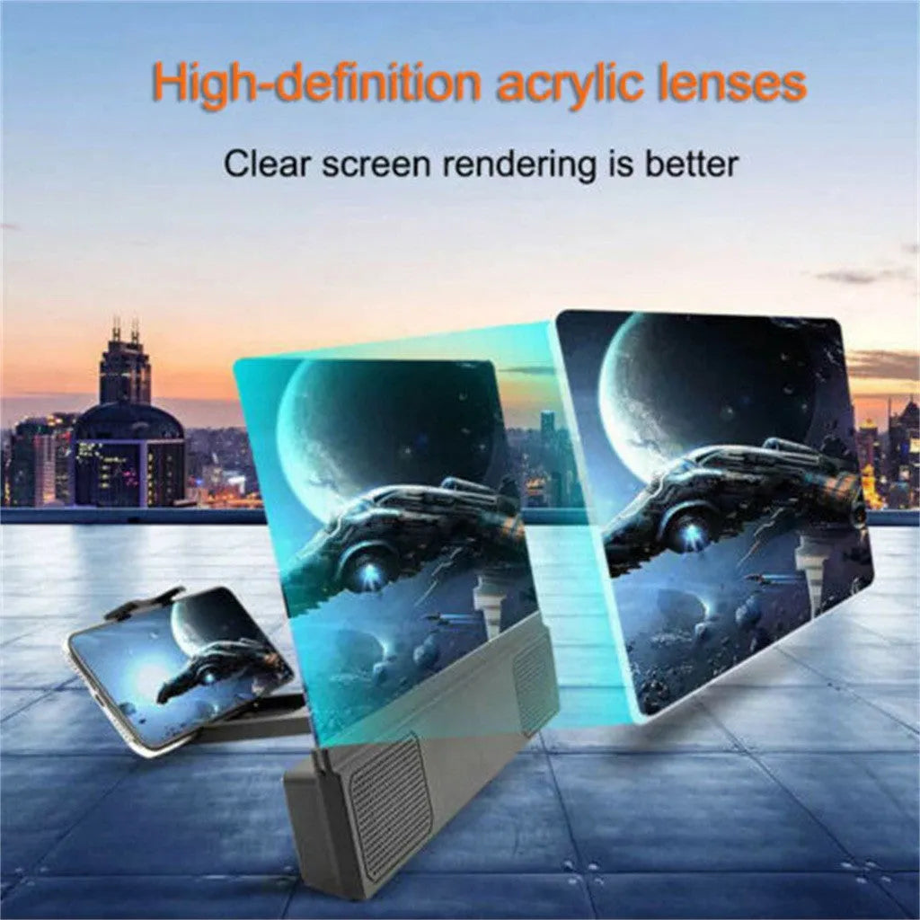 12-inch mobile phone screen amplifier with adjustable gooseneck stand and built-in speakers showing phone magnification