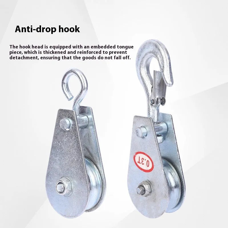 Red industrial lifting pulley with safety latch, forged from A3 steel.
