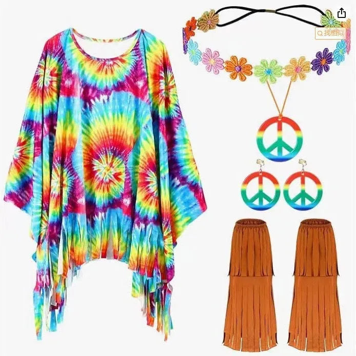 Tie dye cloak costume with bell sleeves in rainbow colours for Halloween and fantasy events