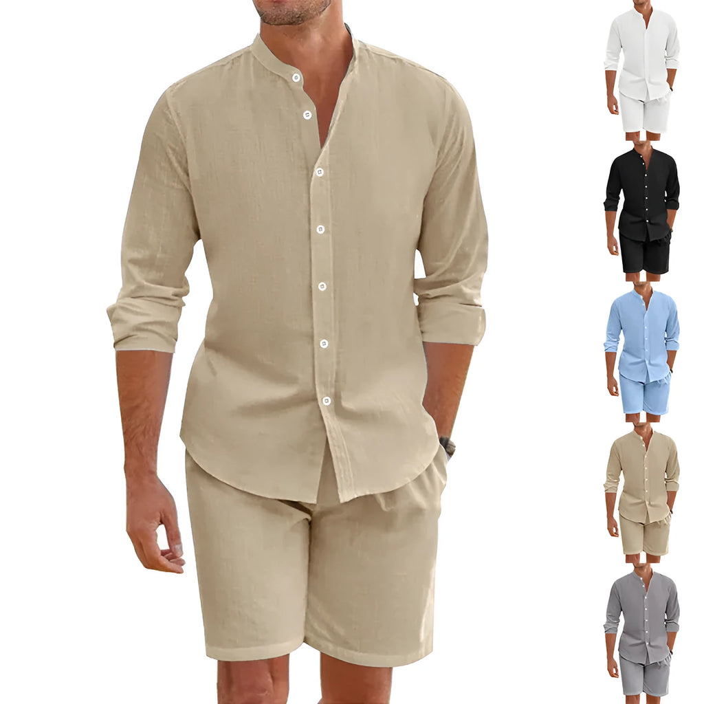 Men's dark grey hemp blend linen summer suit with short sleeve button-down shirt and drawstring shorts.