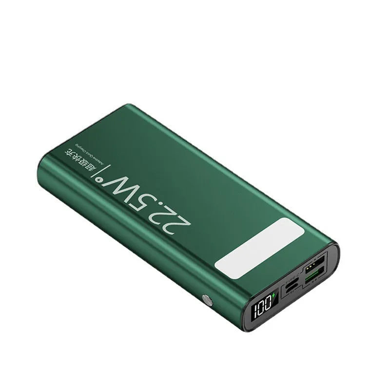 Black alloy 20000mAh power bank showing LCD display and LED flashlight, measuring 140x66.5x27.5mm.