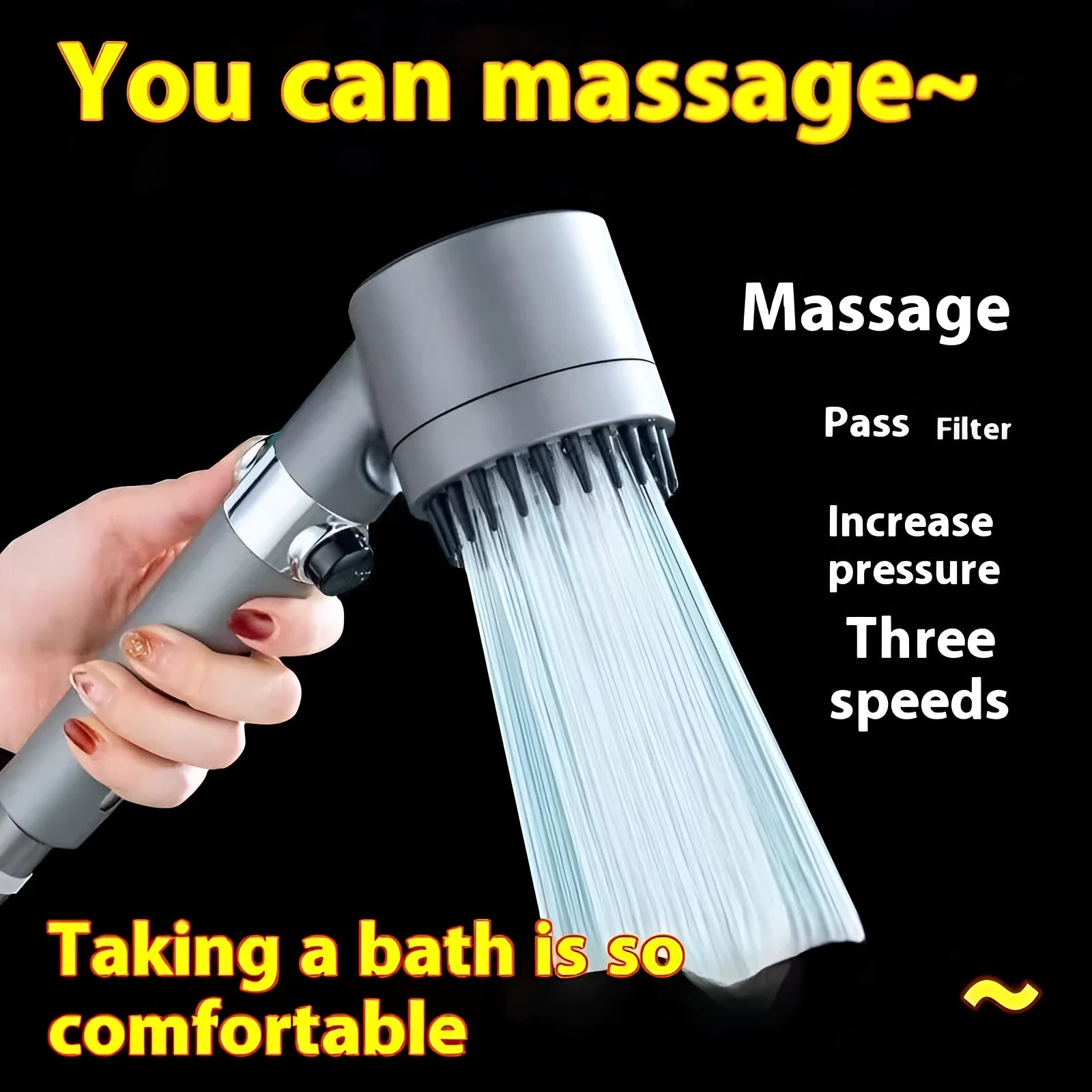 Portable handheld shower head with three adjustment settings on modern simplicity design