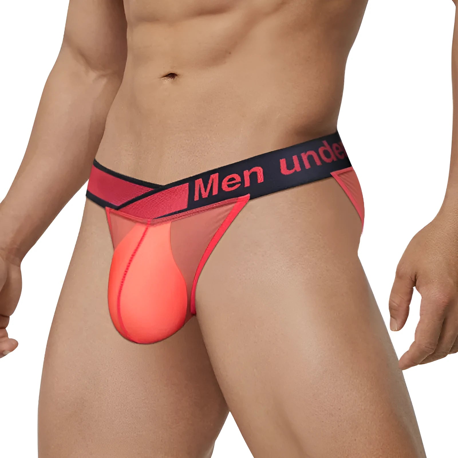 Men's transparent ice silk briefs in red, black, or white with a large V gradient front.