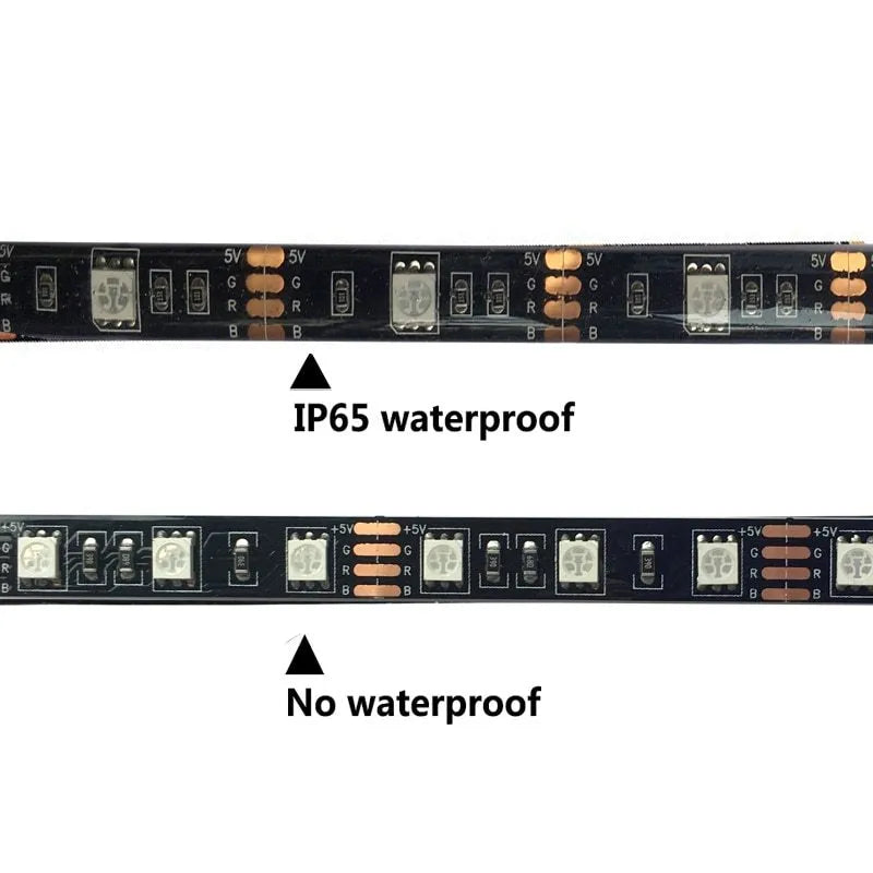 A flexible 1-metre long USB LED light strip showing multiple coloured SMD5050 LEDs on its surface.