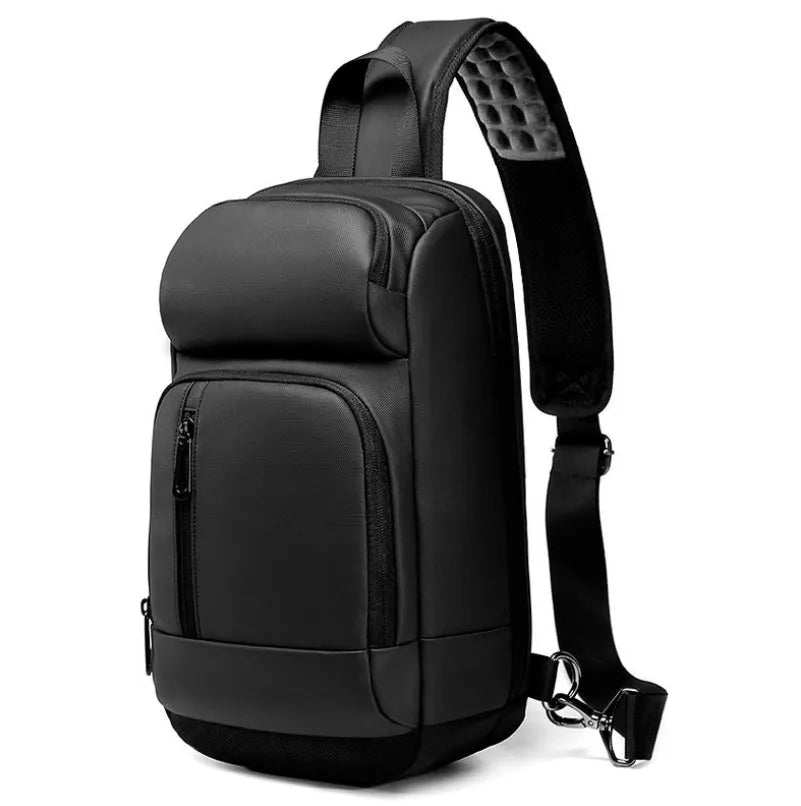 Black medium-sized PVC shoulder bag with zipper, showing internal organiser pockets and an air cushion shoulder strap.