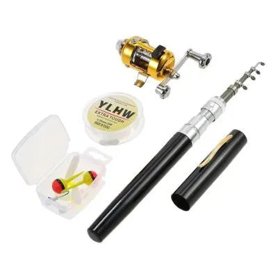 Gold telescopic pocket fishing rod extended to 1m next to its 20.5cm collapsed form and ST5RL spinning reel.