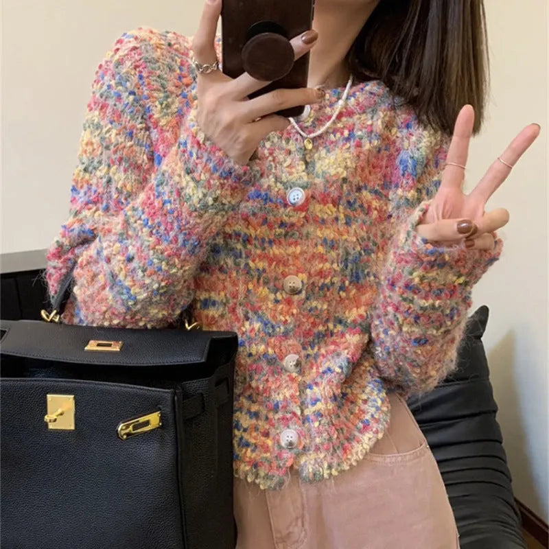 Rainbow pattern acrylic knitted cardigan in pink or green ice cream colours with slim fit