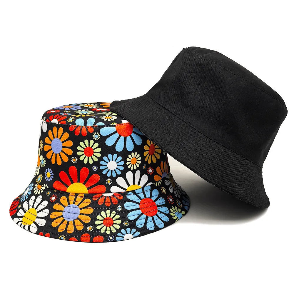 Floral pattern polyester bucket hat with dome crown in size M for sun protection