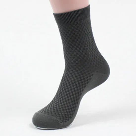 Men's bamboo fibre business socks showing small square pattern in five colour options