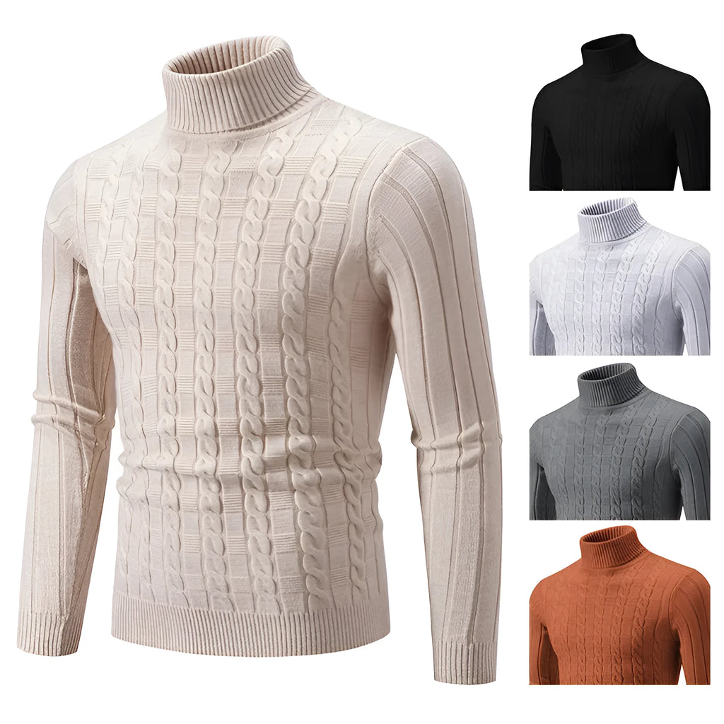 Man wearing a slim fit beige chenille turtleneck sweater for casual wear.
