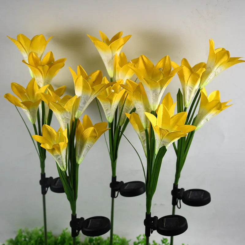 Solar-powered flower-shaped garden lantern with IP65 waterproof rating for outdoor use.