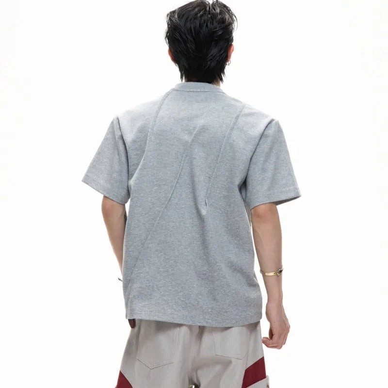 Men's cotton loose fit T-shirt with three-dimensional pleated detail and asymmetric stitching