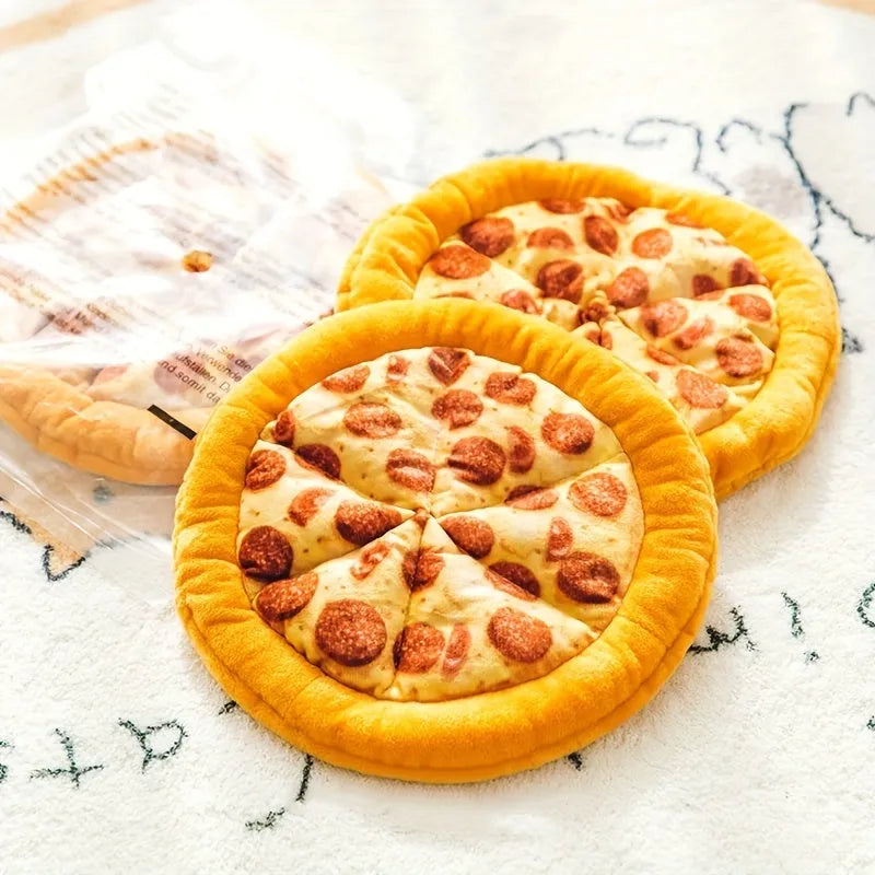 Yellow teddy pizza dog chewing toy with bone shape and squeaker
