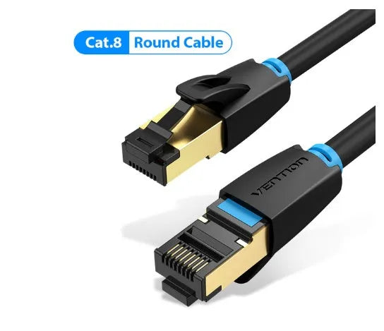 CAT8 high-speed network cable showing flat and round style options with RJ45 connectors
