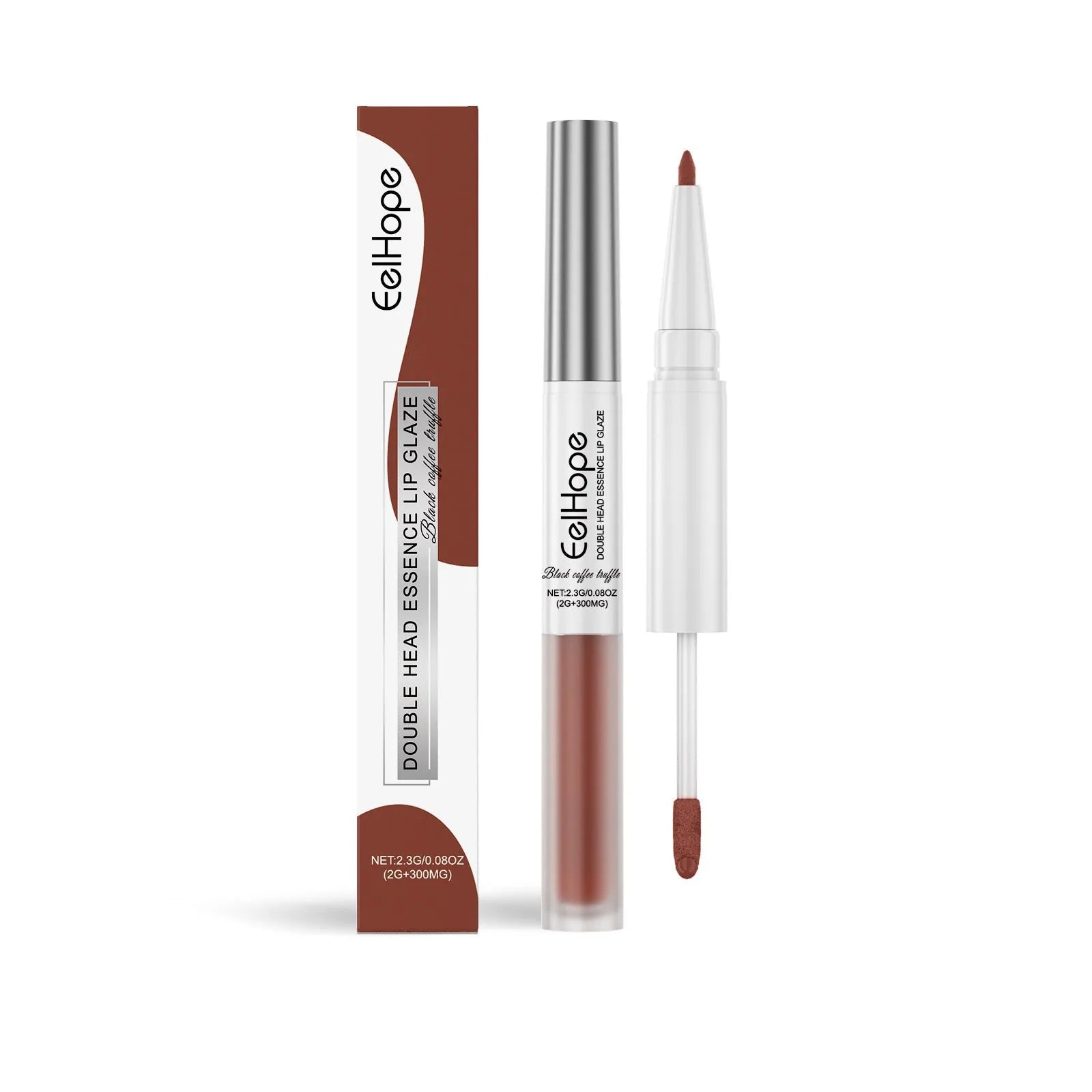Double-headed lip liner and lip lacquer makeup pencil showing two colour tips