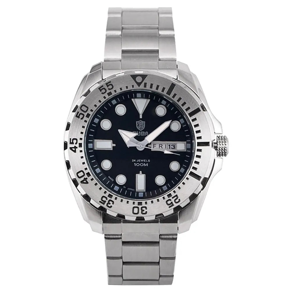 Men's waterproof luminous watch with blue dial on a steel bracelet.