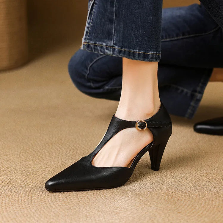 Brown women's retro T-strap ankle sandals with a short stout heel and buckle fastening.