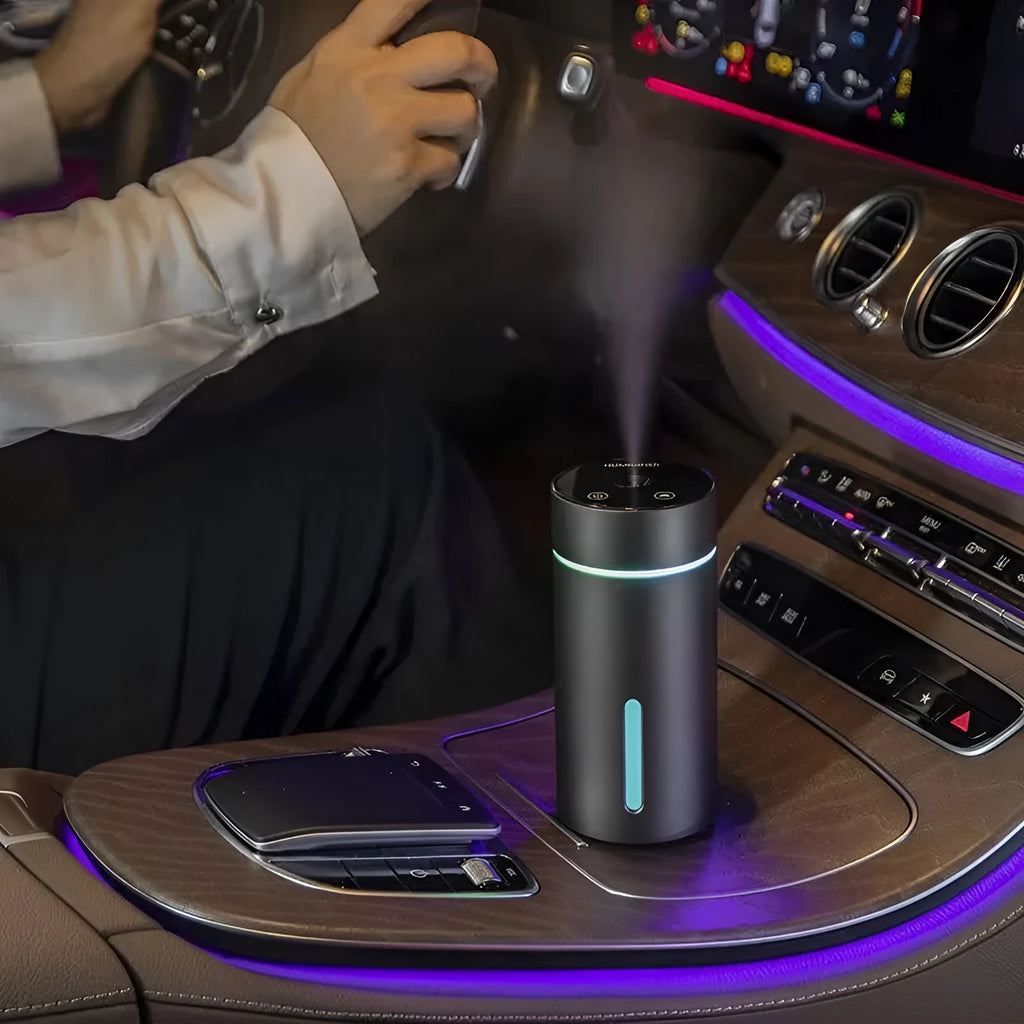 Aluminium car humidifier diffuser with night light, 260ml capacity, 66mm cube design