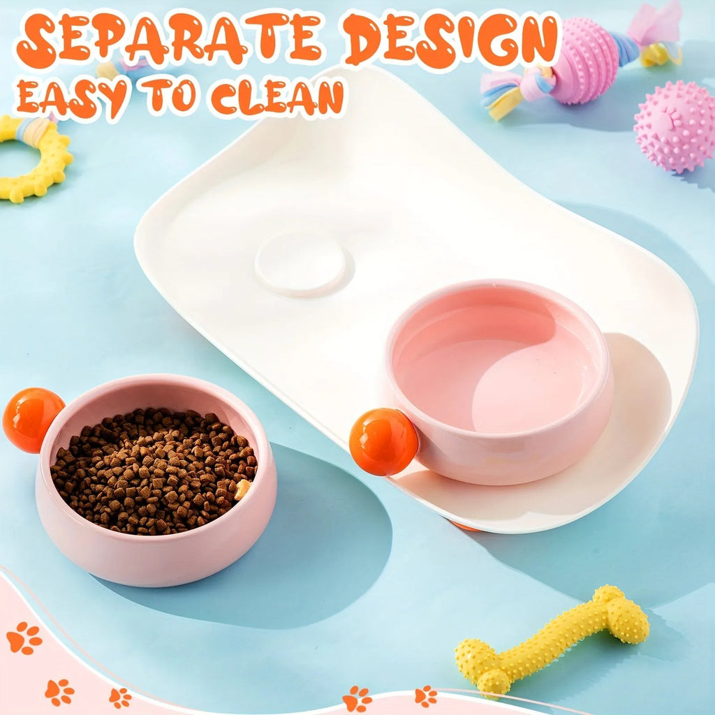 Double ceramic pet bowl set in raised design with non-slip support for small dogs and cats